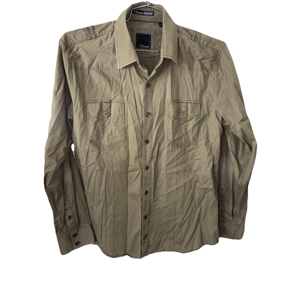 7 Diamonds Shirt Mens L Pockets Casual Button Up Olive Green‎ Long Sleeve